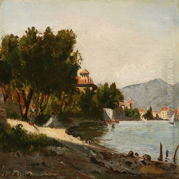 Scene From The Lugano Lake In Switzerland Oil Painting by Carl Muller