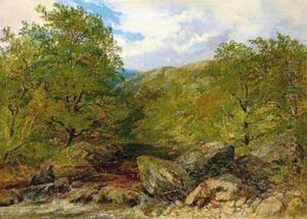 Angler Am Bach In Sommerlicher Landschaft Oil Painting by Carl Wilhelm Muller