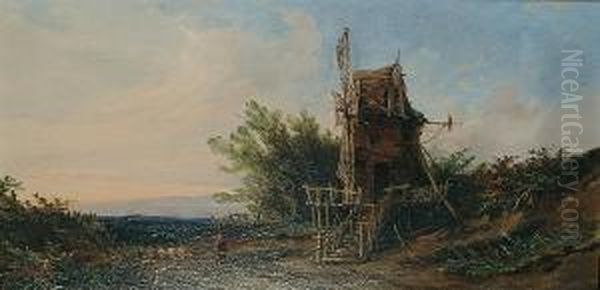 Windmill On A Country Lane With A Shepherd Driving A Flock Of Sheep by Edmund Gustavus Muller