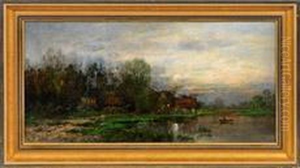 Abendlichelandschaftsimpression Mit Dorf Am Flussufer Oil Painting by Eduard Josef Muller