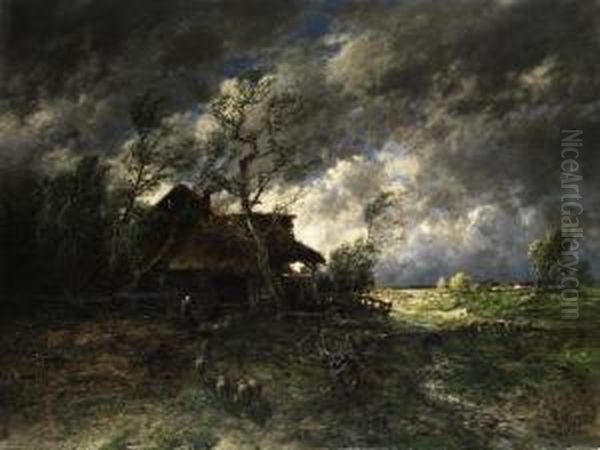 Landschaft In Gewitterstimmung Mit Schafen Oil Painting by Eduard Josef Muller