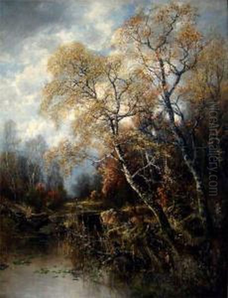 Herbstliches Seeufer, Im Hintergrund Reisigsammlerin Oil Painting by Eduard Josef Muller