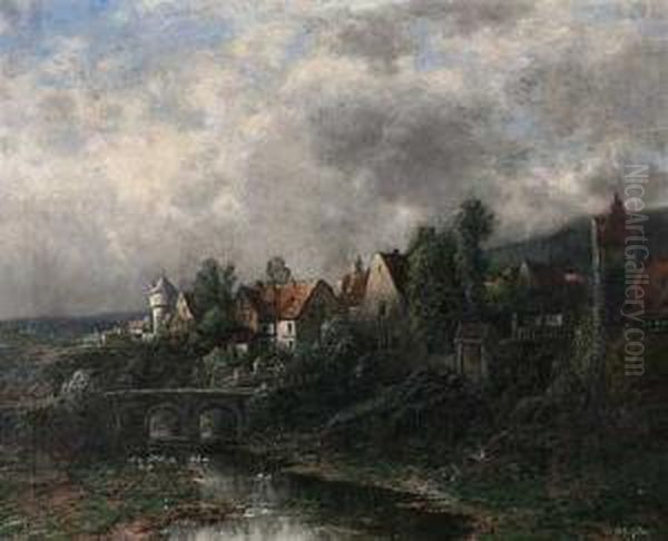 Kleinestadt Oberhalb Eines Flusses In Sommerlicher Landschaft Oil Painting by Eduard Josef Muller