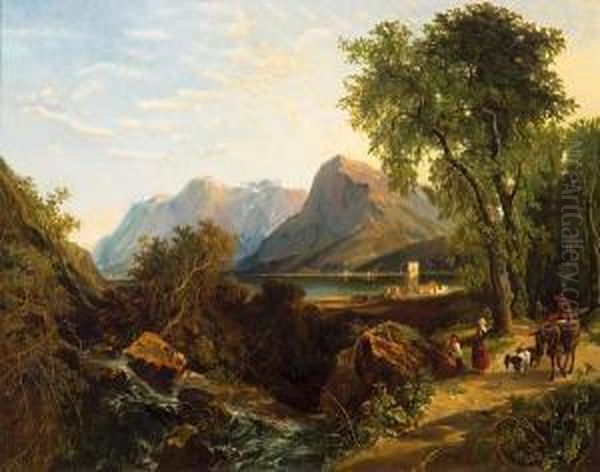 A View Of A Northern Italian Lake With Figures On A Track In The Foreground Oil Painting by Franz Adolf C. Muller