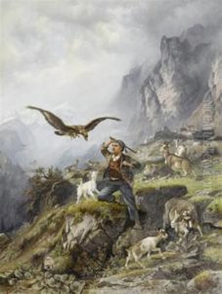 A Young Goatherd Defending His Goats From An Eagle Oil Painting by Franz Adolf C. Muller