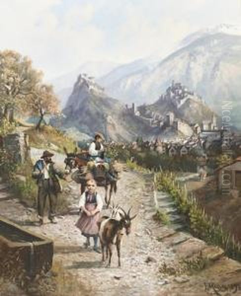 Walliser Familie Auf Dem Weg Nach Sion. Oil Painting by Franz Adolf C. Muller