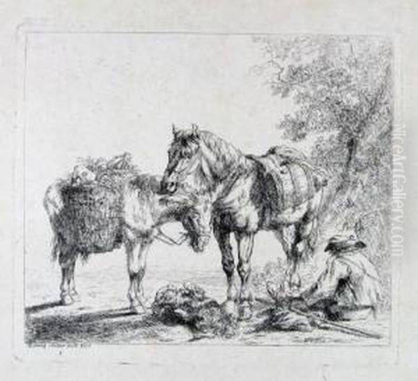 Rastender Bauer Mit Pferd, Esel Und Hund. Oil Painting by Friedrich Muller