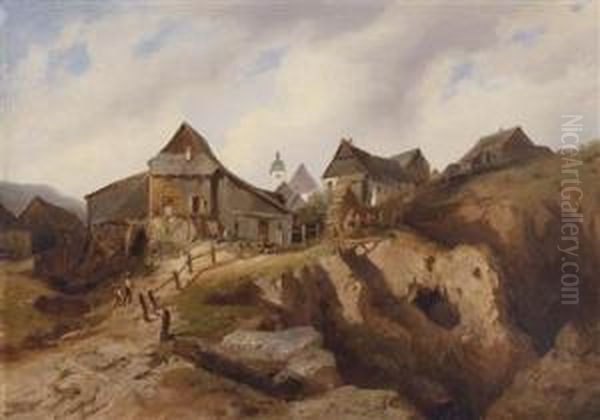 Village Near Altenberg Oil Painting by Heinrich Eduard Muller