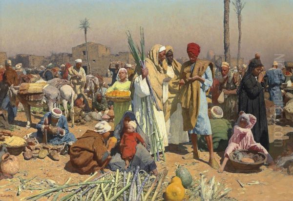 Market In Lower Egypt Oil Painting by Leopold Carl Muller