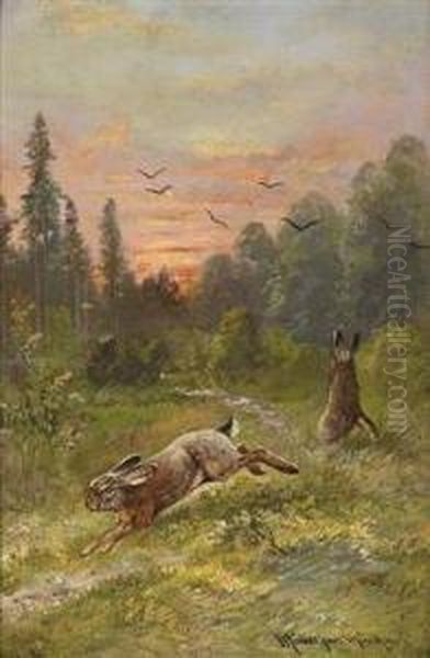 Hares In A Forest Glade Oil Painting by Moritz Muller