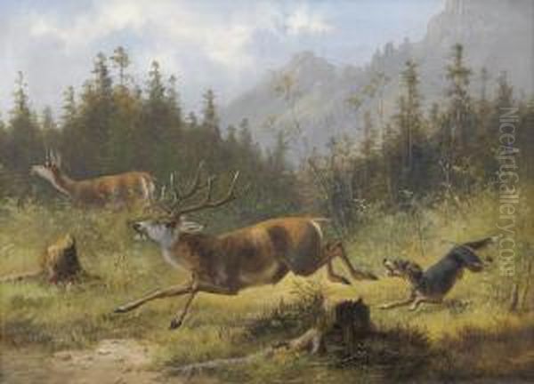 Hirsch Vom Hund Gejagt Oil Painting by Moritz Ii Muller