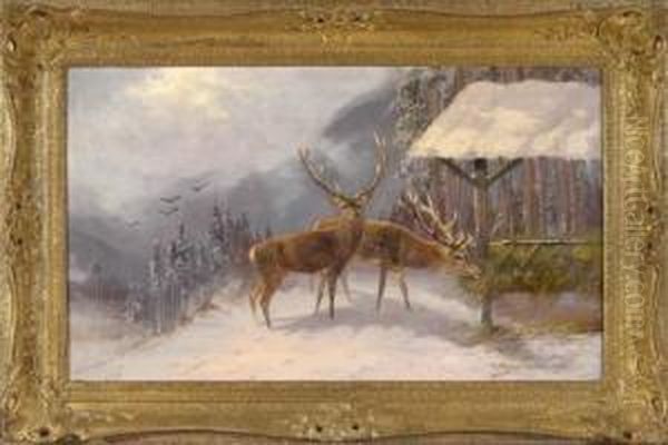 Zwei Hirsche An Der Futterkrippe Vor Winterlicher Berglandschaft Oil Painting by Moritz Ii Muller