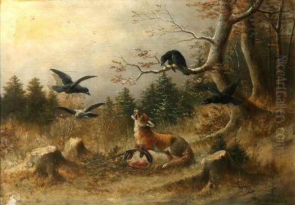 A Trapped Fox Surmounted Byrovers In A Landscape Oil Painting by Moritz Ii Muller