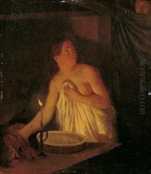 Uberrascht. Eine Halbnackte Junge
 Frau Bei Der Toilette Wird Von Einem Uber Einen Vorhang
 Spahenden Oil Painting by Moritzfeuermuller I Muller