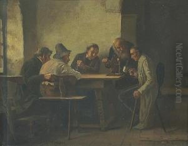 An Interior Scene With Men Conducting An Experiment Oil Painting by Moritzfeuermuller I Muller