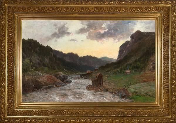 Landskap Med Foss Oil Painting by Morten Muller