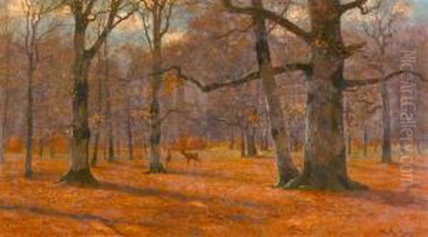 Waldlandschaft Mit Rehen. Oil Painting by Peter Paul Muller