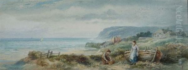 Children Searching For Crabs On A Rocky Beach Oil Painting by Rosa Muller