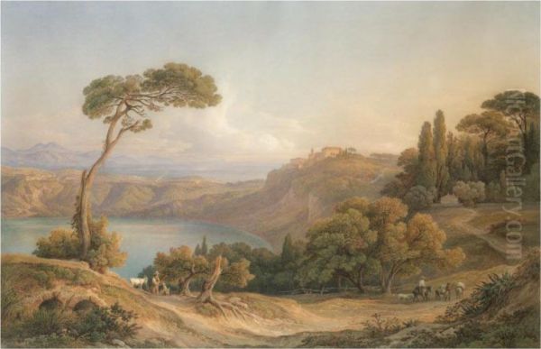 Castel Gandolfo Am Nemisee (castel Gandolfo On Lake Nemi) Oil Painting by Rudolf Muller