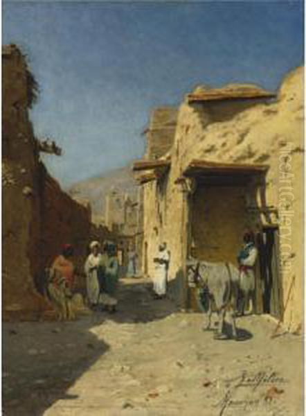 An Arab Street Oil Painting by Rudolph Gustav Muller