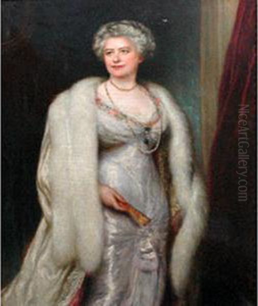 Portrait Of A Lady Wearing Pearls And A Fur Wrap Oil Painting by Ury Muller