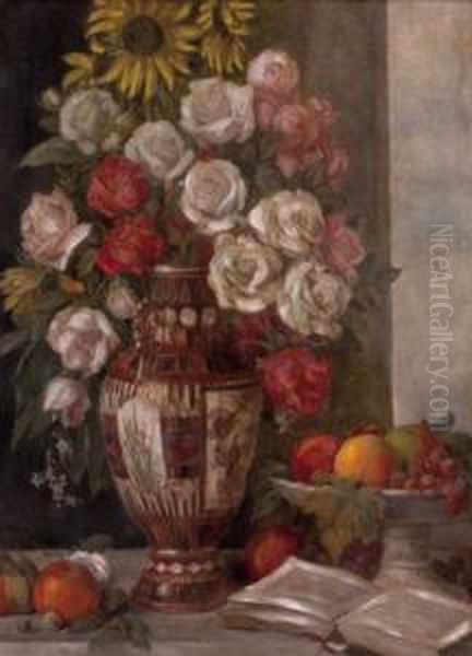 Blumenstillleben Mit Obst Und Buch Oil Painting by Victor Muller