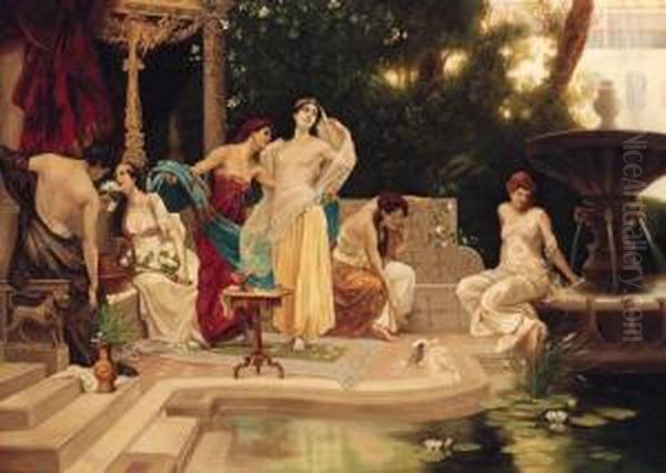 Bathing Beauties In An Oriental Garden Oil Painting by Victor Muller