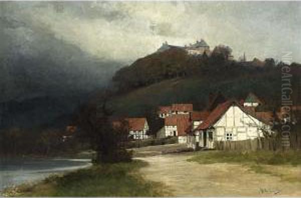 Red Roofed White Houses In A Mountainous Landscape. Oil Painting by Georg Bernhard Muller Vom Siel