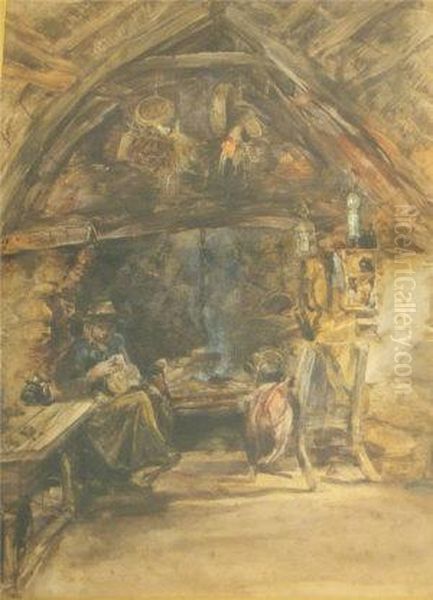 Interiorscene Of A Thatched Welsh Cottage, With Figure Seated In A Chair Oil Painting by Wergmann Muller