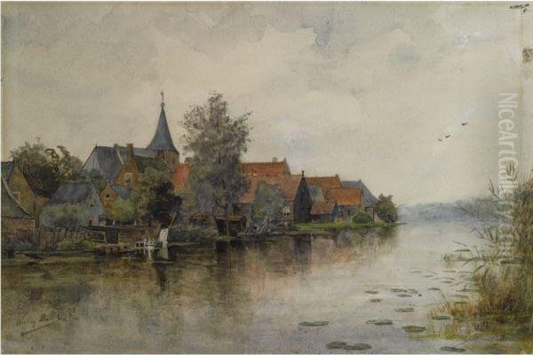 A View Of A Dutch Town Along A River (recto) Oil Painting by Willem Muller