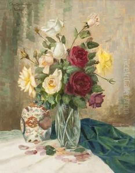 Stillleben Mit Rosen Ineiner Kristallglasvase Oil Painting by Karl Muller-Baumgarten