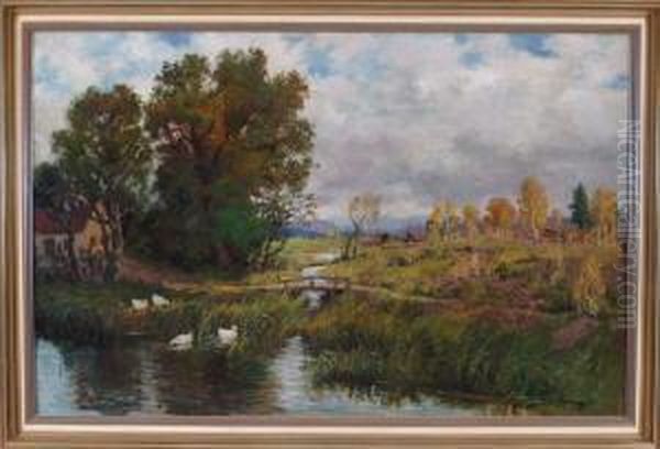 Enten Am Teichufer In Weiterbewolkter Moorlandschaft In Den Voralpen Oil Painting by Karl Muller-Baumgarten