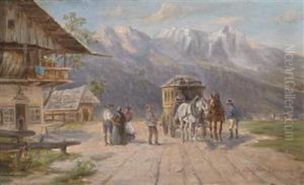 The Post Coach Stops Oil Painting by Ludwig Muller-Cornelius