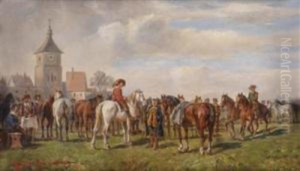 Horsemarket Oil Painting by Ludwig Muller-Cornelius