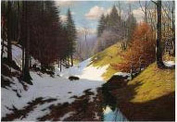 Muller-landeck , Early Spring, Signed And Inscribed Munchen, Oil On Canvas, 69.5 X 99 Cm.; 27 1/2 X 39 In Oil Painting by Fritz Muller-Landeck