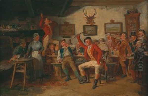 Zwei Frohliche Parforcejager In Einerwirtshausgesellschaft Oil Painting by Albert Muller-Lingke