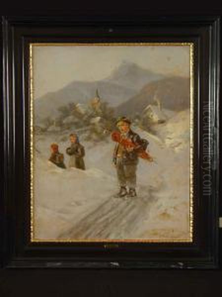 Drei Kinder Auf Dem Heimweg Durch Verschneites Dorf Oil Painting by Albert Muller-Lingke