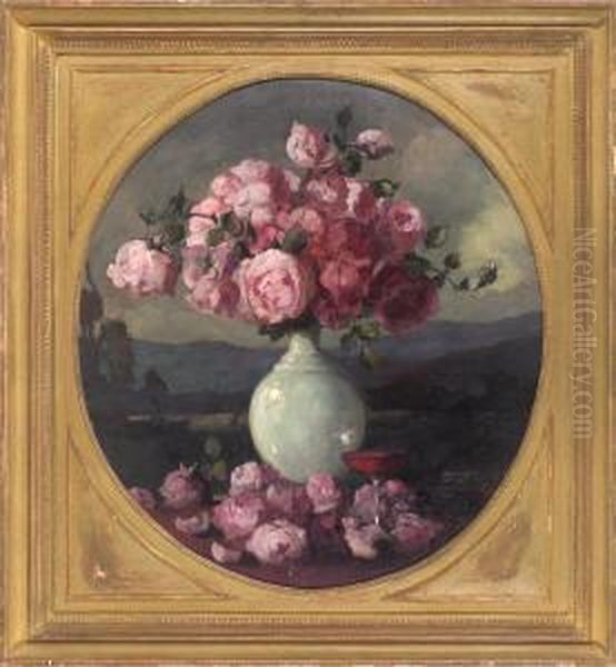 Stilleben Mit Rosafarbenen Rosen In Turkisfarbener Enghalsvase Und Rotweinglas Vor Landschaftshintergrund Oil Painting by Anton Muller-Wischin