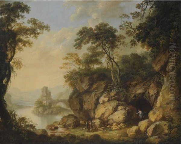 A Rocky River Landscape With Figures Conversing In The Foregoundand Ruins Beyond Oil Painting by George Mullins