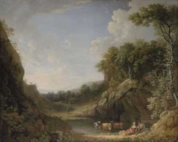 Rocky Wooded Landscape With Figures And Cattle By A Pool In The Foreground Oil Painting by George Mullins