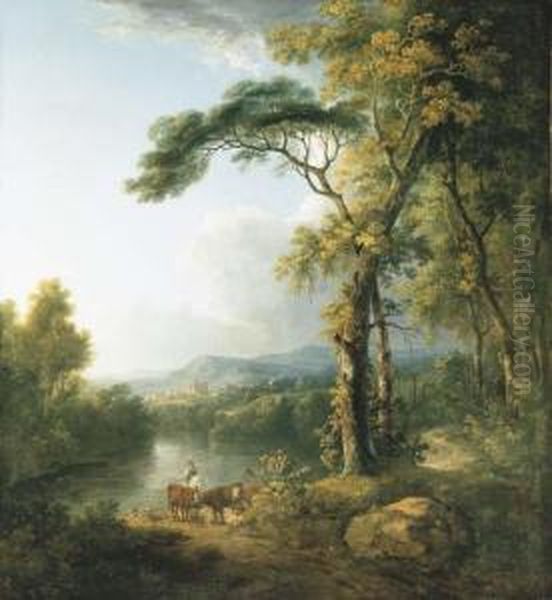 An Extensive Wooded River Landscape With A Mounted Herdsman Andcattle In The Foreground Oil Painting by George Mullins