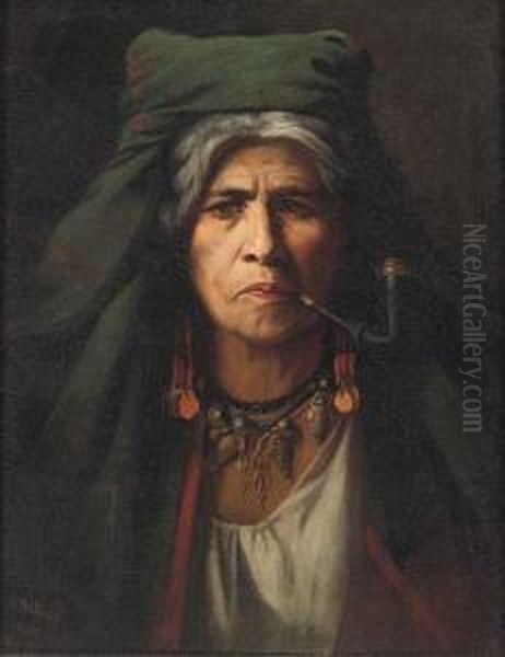 A Native American Woman Smoking A Pipe Oil Painting by Adolf Mullner