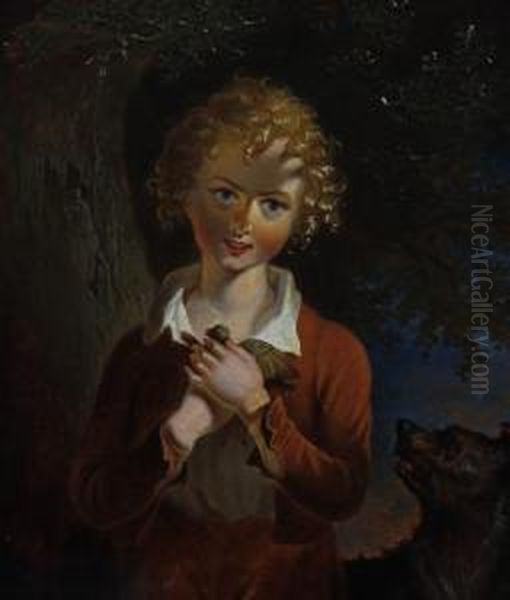 Young Boy With Dog And A Rescued Fledgling Oil Painting by William Mulready