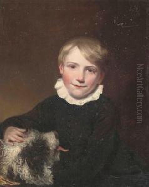 Portrait Of A Boy, Half-length, In A Black Coat And White Ruff, His Dog At His Side Oil Painting by William Mulready