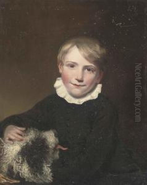 Portrait Of A Boy, Half-length, In A Black Coat And White Ruff, Hisdog At His Side Oil Painting by William Mulready