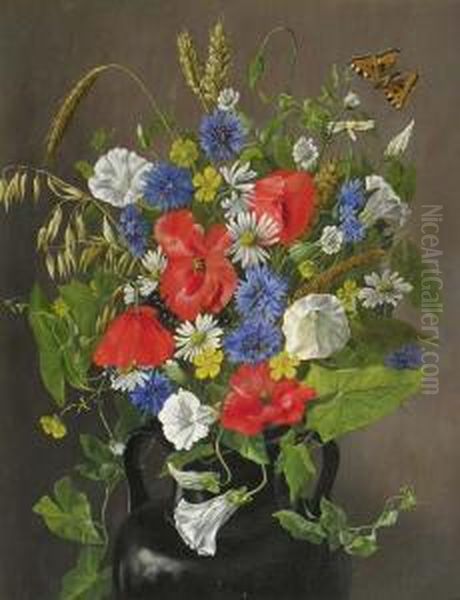 Bouquet De Fleurs Des Champs Au Papillon Oil Painting by Emma Mulvad