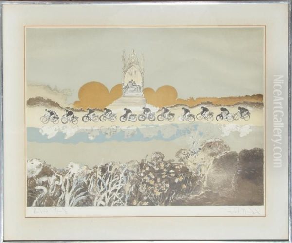 Untitled (bicycle Race And Shrine) Oil Painting by Robert T. Mumford