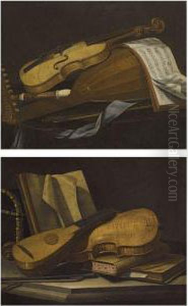 A Still Life Of A Violin, A Lute And A Recorder On A Table Oil Painting by Cristoforo Munari