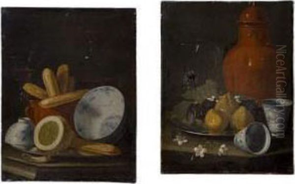 Figues, Fleurs Et Porcelaine De Chine A Decor Bleu Et Blancd'epoque Ming. Oil Painting by Cristoforo Munari