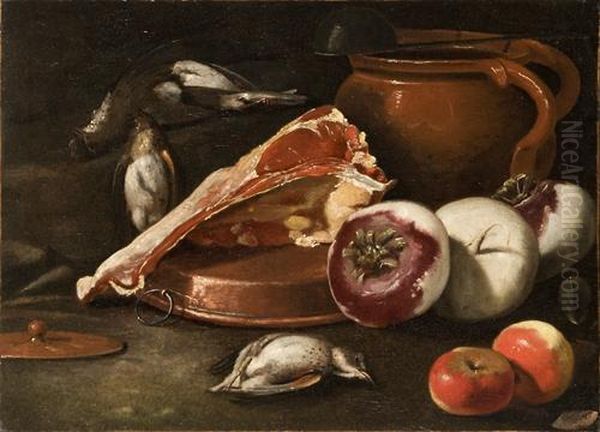 Bistecca, Mele, Rape, Cacciagione Di Penna E Vaso Di Coccio Con Mestolo, Su Un Tavolo Oil Painting by Cristoforo Munari